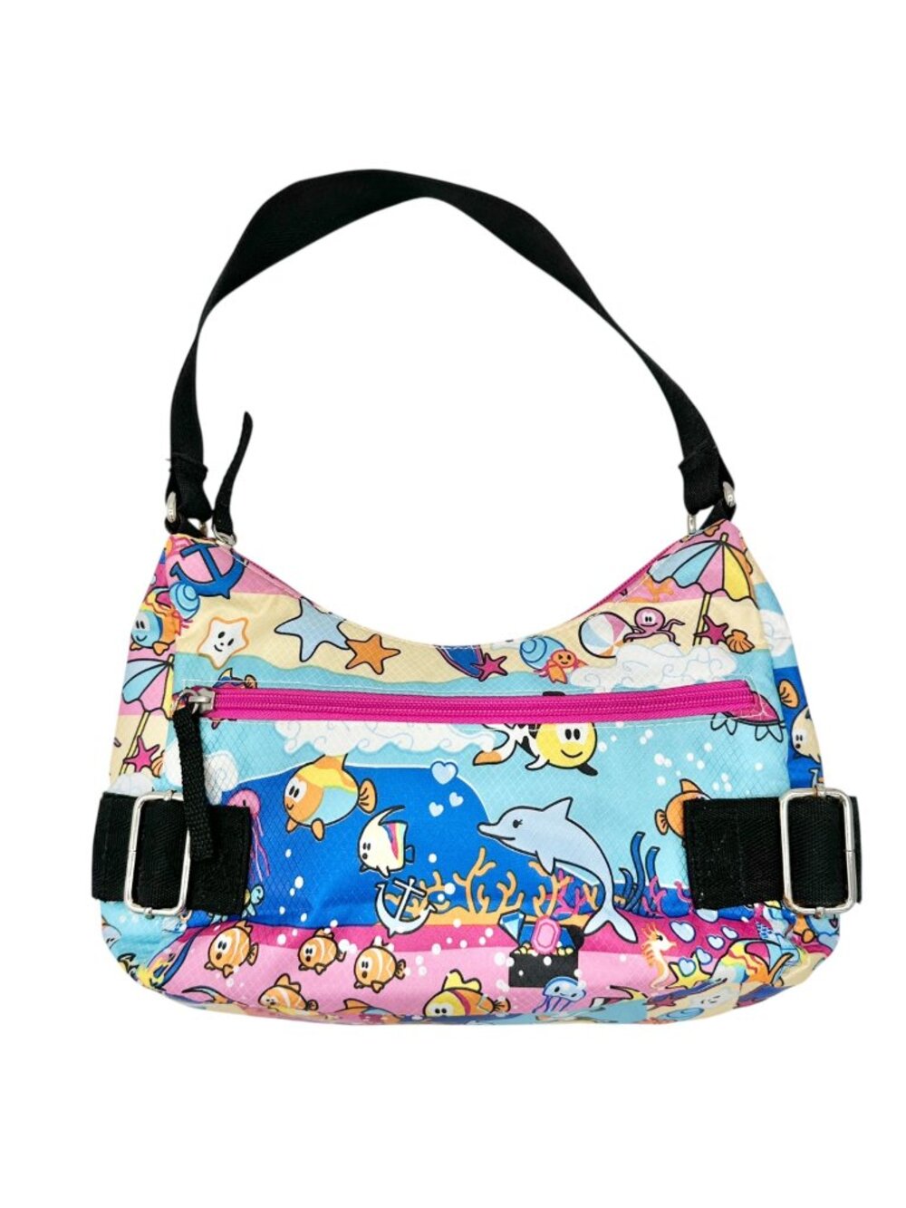 Colorful Ocean Sea Adventure Motif Handbag Adjustable Strap Blue Pink 10x6.5x2.5